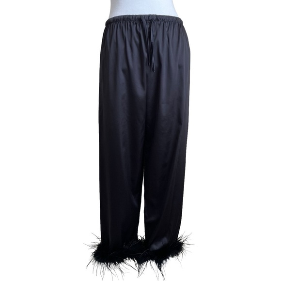 Feather Trimmed Black Satin Pajama Pants Bottoms Elastic Waist Drawstring Sz M - Picture 4 of 16
